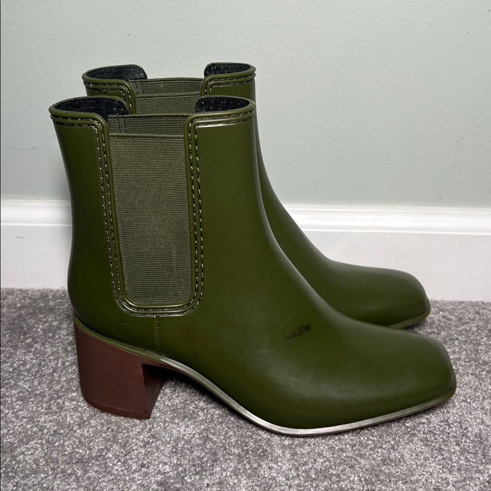 Jeffrey Campbell Olive Green Chelsea Rain Boots with Brown Block Heel